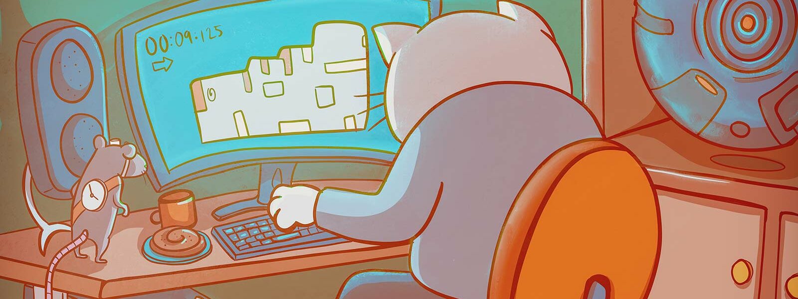 animerad katt som sitter framför en dator