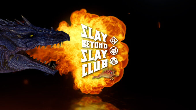 Eldsprutande drake ramar in logotypen för Tekniskas rollspelsklubb, Slay Beyond Slay.
